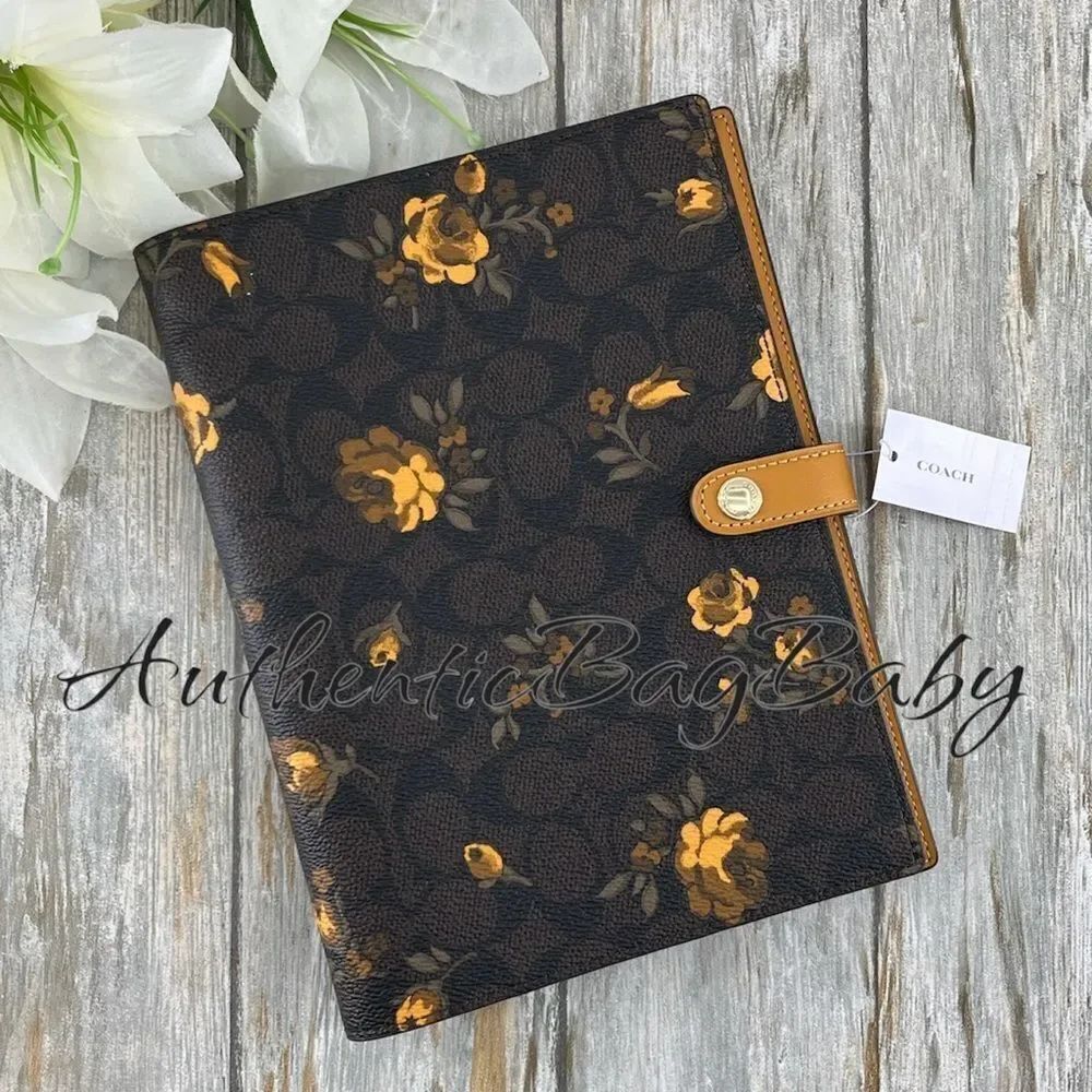 Coach Floral Print Notebook Leather Walnut Yellow Bag Purse